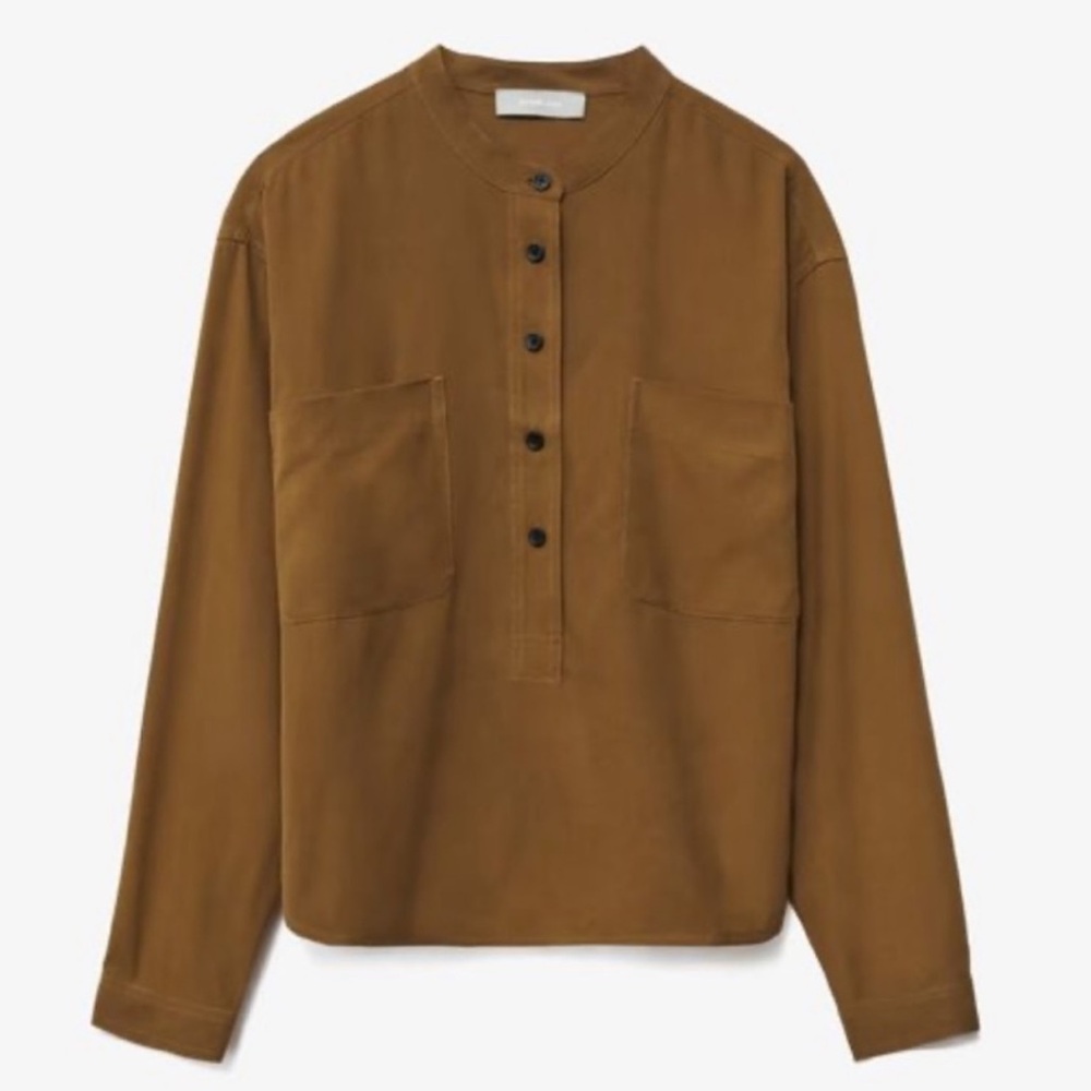 EVERLANE The Washable Silk Henley in Toffee, Size 2